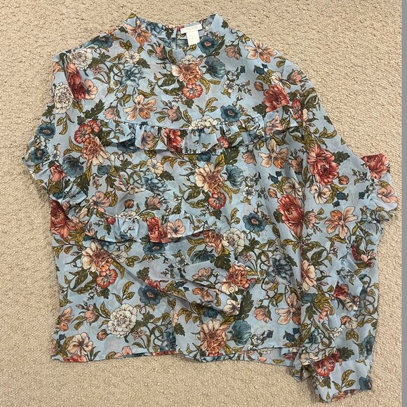 Floral Long-Sleeve Mock Neck Blouse with Ruffle Details, Forever 21 Size M - Picture 2 of 5